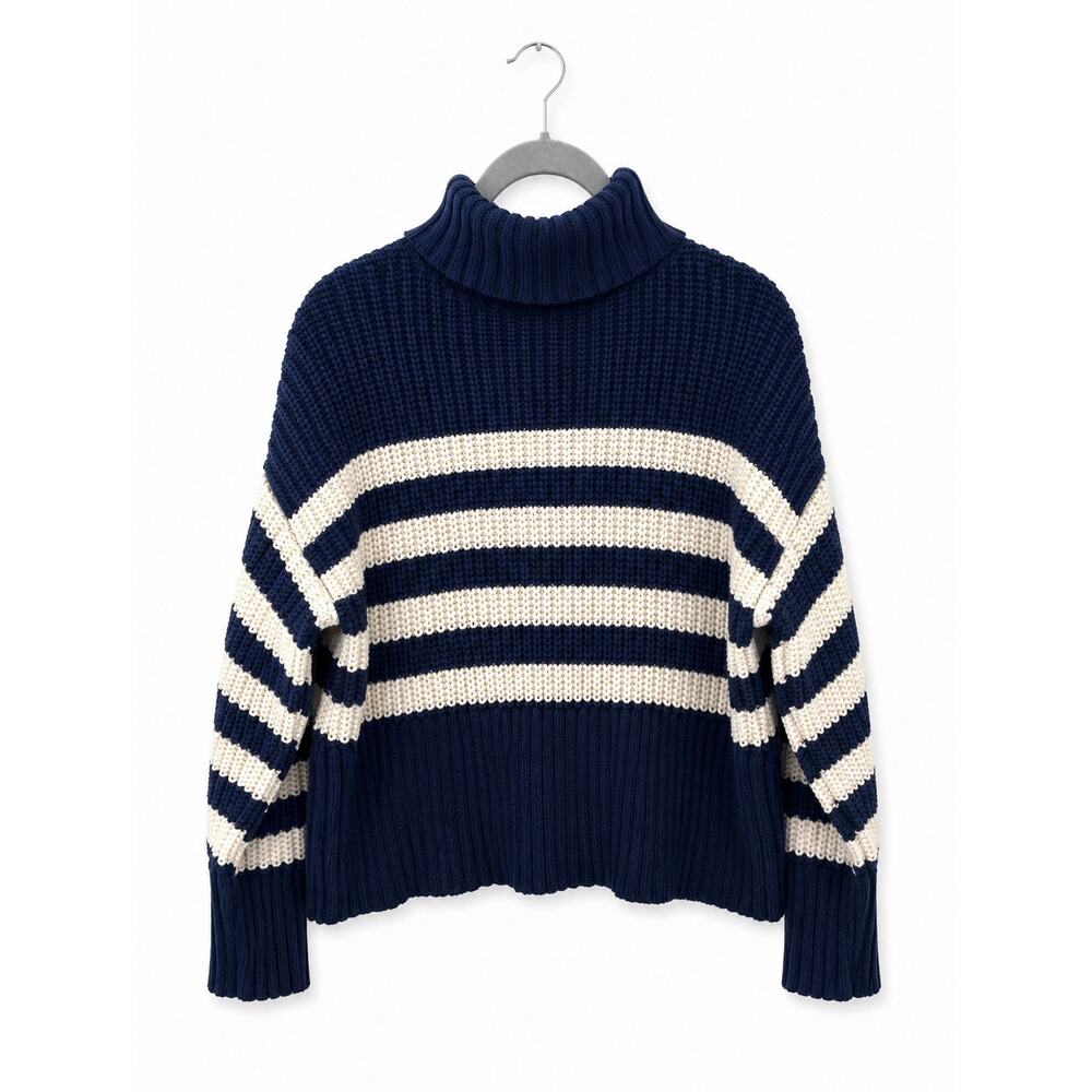 Madewell Striped Turtleneck Sweater XXS Navy Blue Ivory Chunky Knit Pullover - Picture 2 of 9